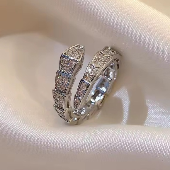 Snake Serpent Silver Crystal Ring adjustable